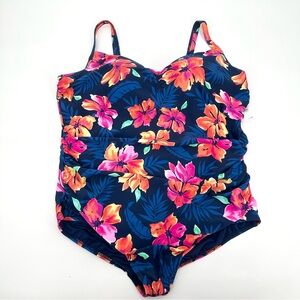 Lands End Swimsuit Womens 3X 24W-26W Plus Floral UPF 50 Print 1 Piece Ruched